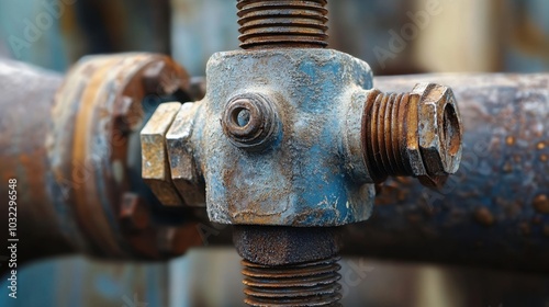 Close-up of a pipe repair clamp with visible bolts and screw threads, showing intricate details.