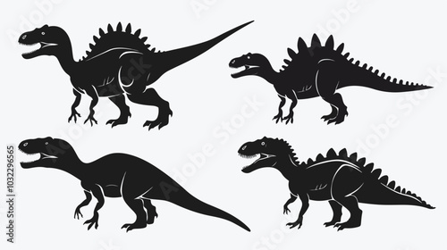 Isolated Four Dinosaur Black Silhouettes Drawing - Jura Era