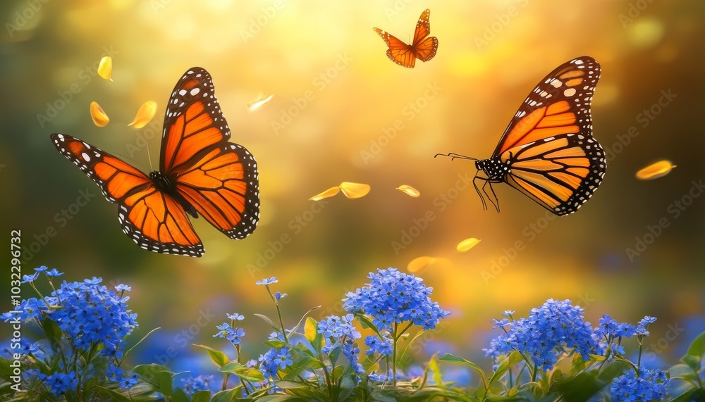 Two Monarch Butterflies Fluttering Over a Meadow of Blue Forget-Me-Nots in Spring Sunlight Two Monarch Butterflies Fluttering Over a Meadow of Blue Forget-Me-Nots in Spring Sunlight