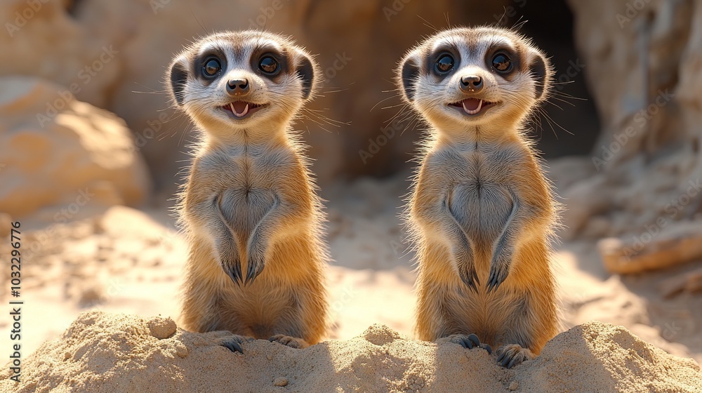 Fototapeta premium Curious Meerkat Pair Standing Alert on a Mound