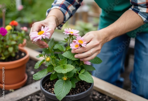 Gardener transplanting flowers into a new pot