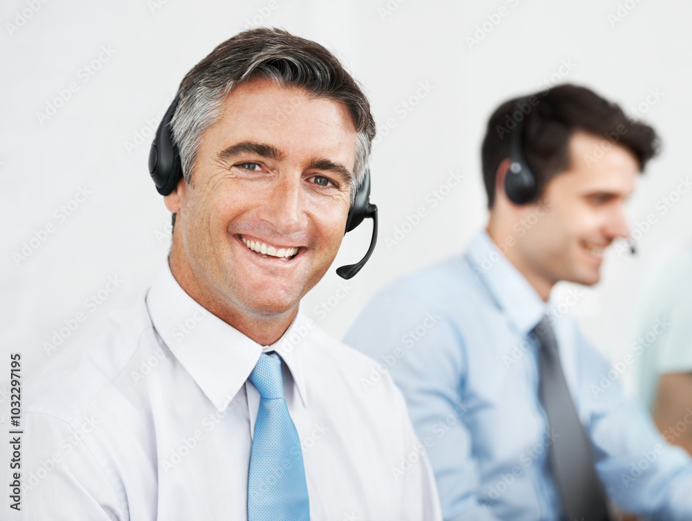 Business people, smile and men with portrait, telemarketing and help desk with friendly service. Employees, consulting agency and coworkers with headset, contact us and technical support in office Business people, smile and men with portrait, telemarketing and help desk with friendly service. Employees, consulting agency and coworkers with headset, contact us and technical support in office
