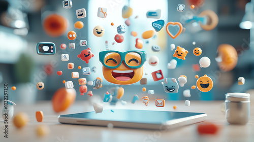 Floating emoji icons, vibrant visual symbols in a random pattern, 3D illustration photo