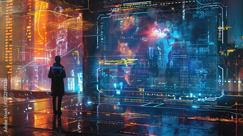 A person observes a digital cityscape with holographic data overlays, highlighting a high-tech futuristic environment and advanced technology visuals.