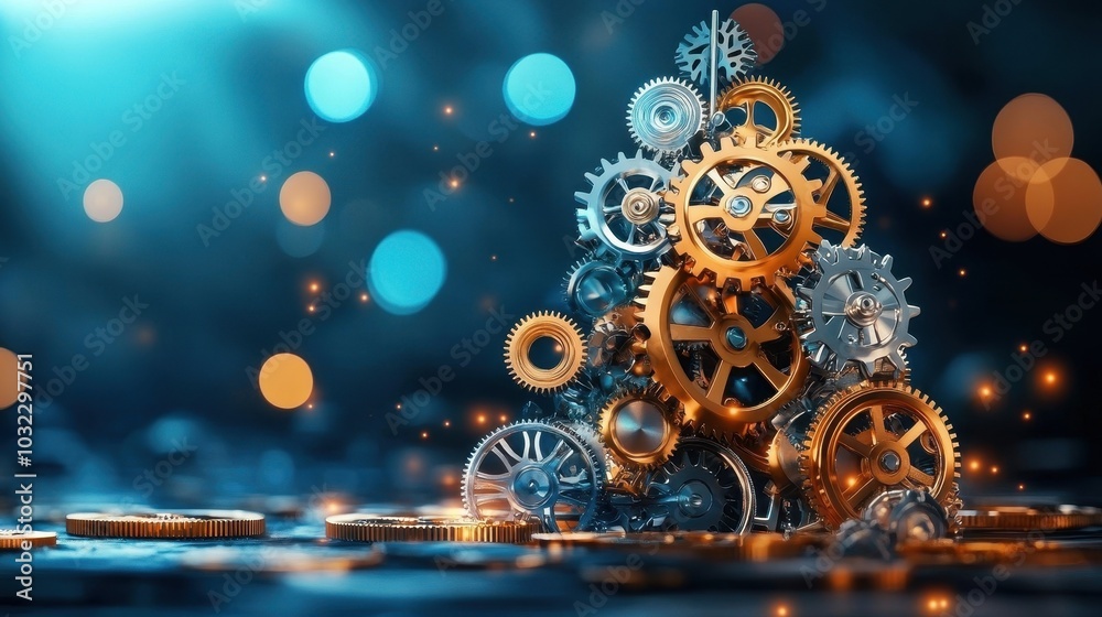 Christmas tree made of metallic gears and cogs, steampunk-themed holiday Christmas tree made of metallic gears and cogs, steampunk-themed holiday