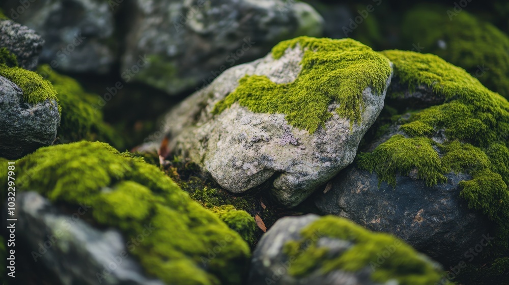 Close-up of moss-covered stones in a forest, with detailed green textures contrasting rough surfaces. Close-up of moss-covered stones in a forest, with detailed green textures contrasting rough surfaces.