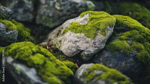 Close-up of moss-covered stones in a forest, with detailed green textures contrasting rough surfaces.