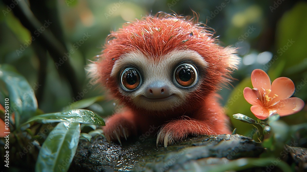 Fototapeta premium A cute, cartoon-style sloth with big eyes looks at the camera in a lush, green rainforest setting.