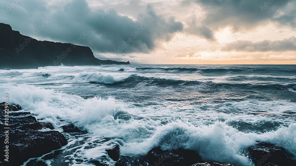 Fototapeta premium Dramatic Stormy Seascape with Crashing Waves and Moody Clouds at Sunset