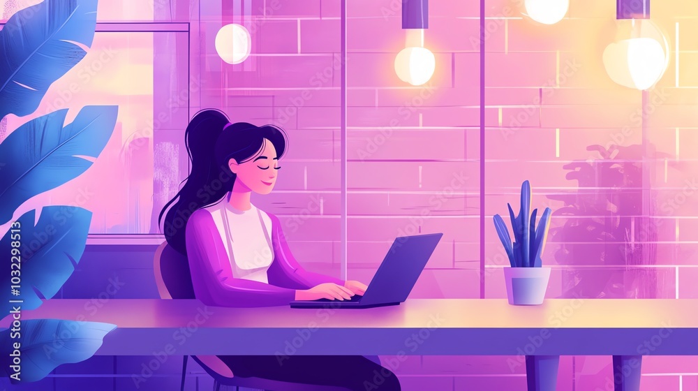 Cartoon businesswoman sitting at a desk in a cafe, typing on a laptop Cartoon businesswoman sitting at a desk in a cafe, typing on a laptop