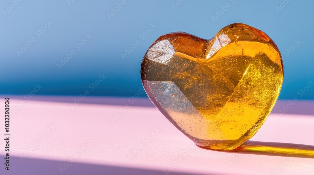 Fototapeta premium Amber Heart Shape on Pink and Blue Background