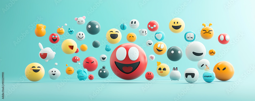 Abstract emoji symbols, sleek visual design with floating elements, 3D illustration Abstract emoji symbols, sleek visual design with floating elements, 3D illustration