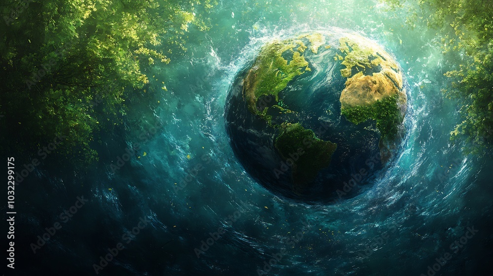 Conceptual illustration of spherical Earth surrounded by sparkling blue waters emphasizing the theme of safe nature and Earth Day with elements like trees and wildlife blending into the scene Conceptual illustration of spherical Earth surrounded by sparkling blue waters emphasizing the theme of safe nature and Earth Day with elements like trees and wildlife blending into the scene