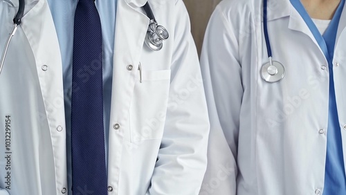 Professional healthcare team in uniform. Two doctors with stethoscopes are standing straight. Medicine concept