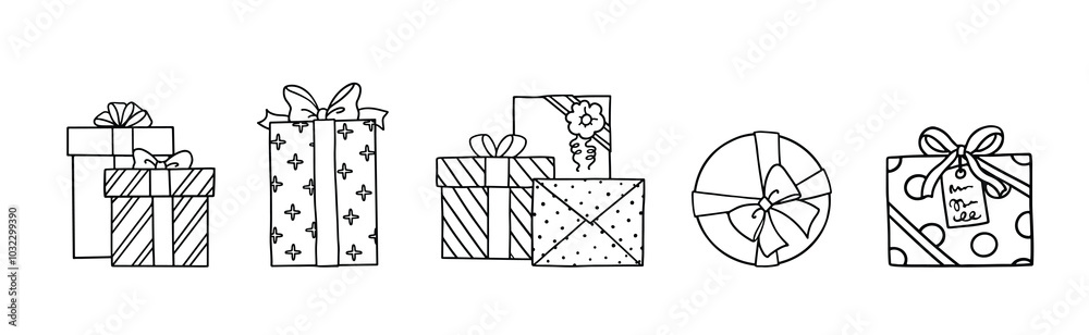 A variety of gift boxes hand drawn illustration, Doodle illustrations of gift box, Set of art line drawing present box, Doodle style, Cartoon doodle hand drawn pattern, Line art vector illustration. A variety of gift boxes hand drawn illustration, Doodle illustrations of gift box, Set of art line drawing present box, Doodle style, Cartoon doodle hand drawn pattern, Line art vector illustration.