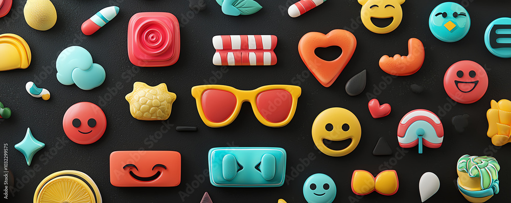 Vibrant emoji icon set, diverse symbols in creative visual patterns, 3D illustration Vibrant emoji icon set, diverse symbols in creative visual patterns, 3D illustration