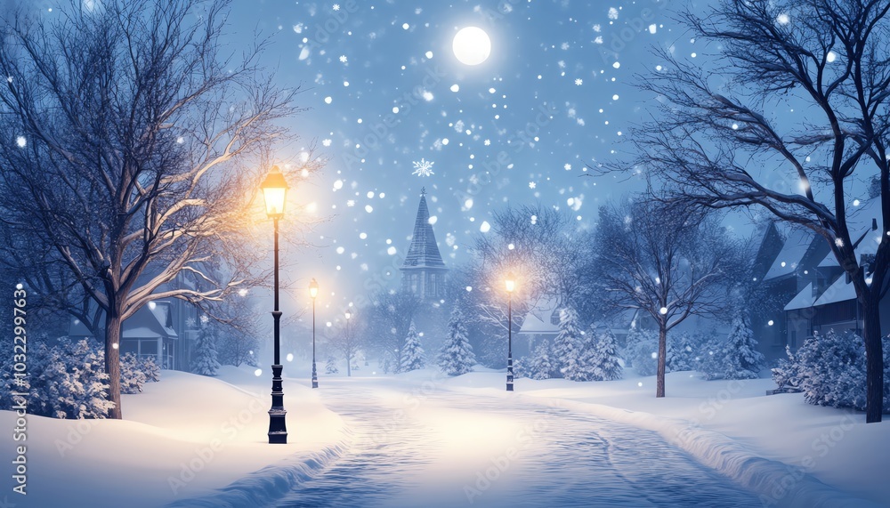 Snowy winter night with glowing street lamps under a starry sky. Snowy winter night with glowing street lamps under a starry sky.