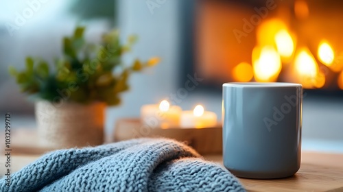 A cozy and tranquil living room scene with warm blankets wooden furniture and a softly lit fireplace creating a peaceful and inviting atmosphere in the evening