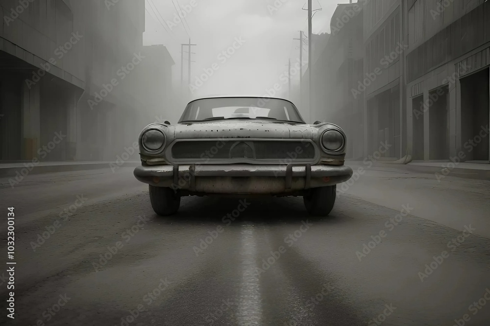 A car navigates a foggy street, its headlights illuminating the dense mist surrounding it. A car navigates a foggy street, its headlights illuminating the dense mist surrounding it.