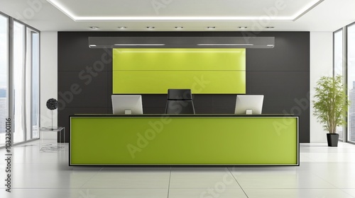 Modern Green Office Lobby: Contemporary and inviting, this office lobby features sleek furniture and vibrant green accents, creating a professional yet welcoming space.