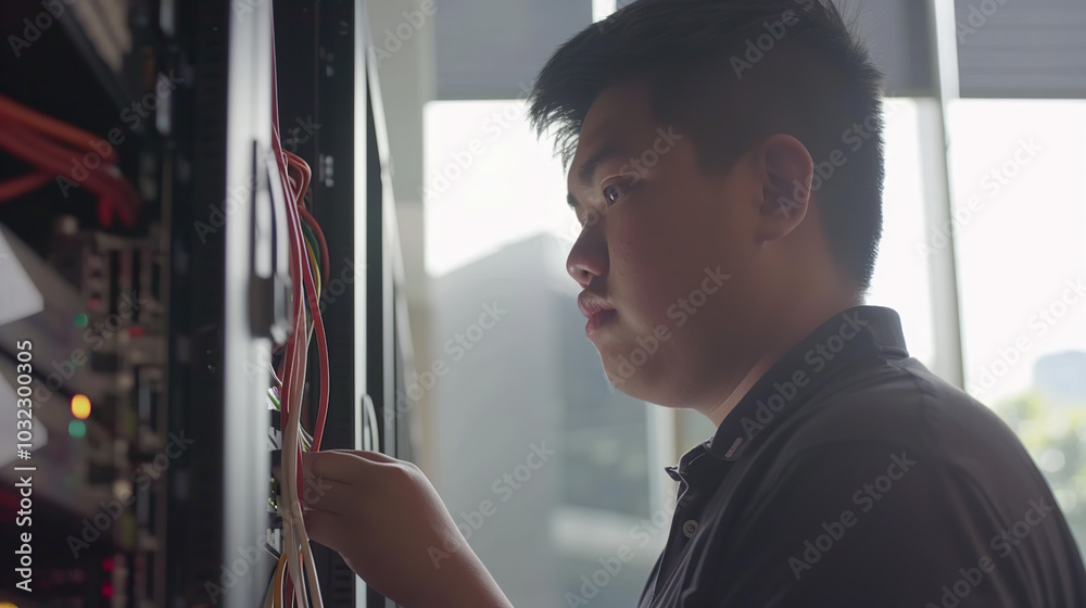 Focused Technician Maintaining Network Server in Modern Office with Cables and Routers
Focused Technician Maintaining Network Server in Modern Office with Cables and Routers
