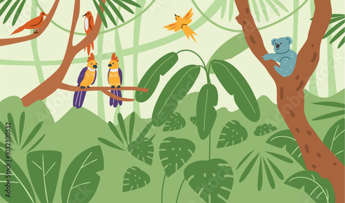 Vector illustration of a vibrant jungle with vines, trees, koala and colorful birds and parrots.