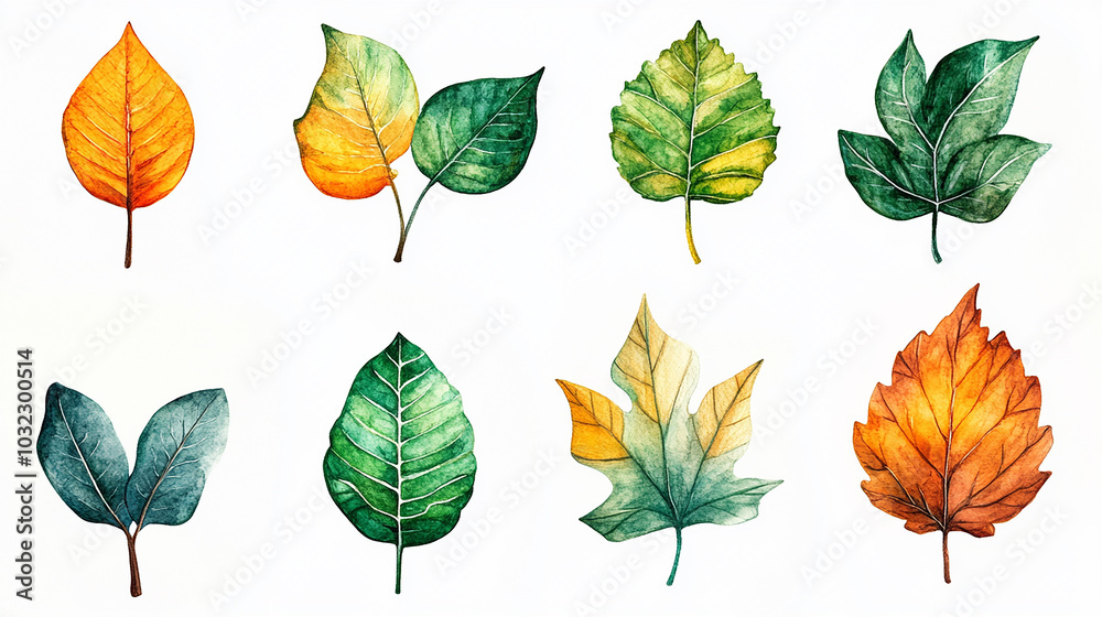 Obraz premium Beautiful watercolor autumn leaves collection with vibrant shades of orange, red, and yellow. Perfect for seasonal vector designs, invitations, artistic celebrating beauty of fall. Dry leaves set.