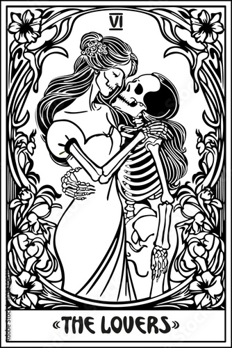 The lovers. Tarot card in art nouveau style. Skeletons hugging. Vector black and white illustration