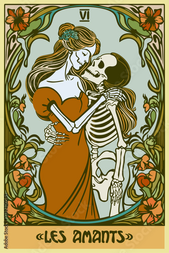 The lovers. French language. Tarot card in art nouveau style. Skeletons hugging. Vector illustration