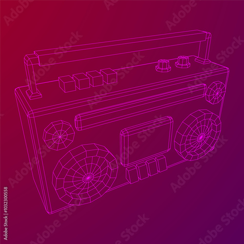 Retro Boombox outdated portable cassette tape recorder. Wireframe low poly mesh vector illustration.