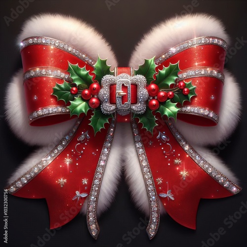 A festive red and white bow adorned with holly and ornaments.