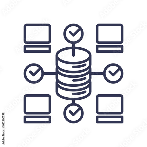 Centralized database with connected computers, symbolizing unified information access.