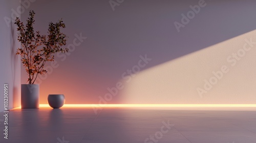 A minimalistic bedroom scene featuring ambient lighting and simple decor. Soft shadows play on the wall, enhancing the serene atmosphere with stylish plants.