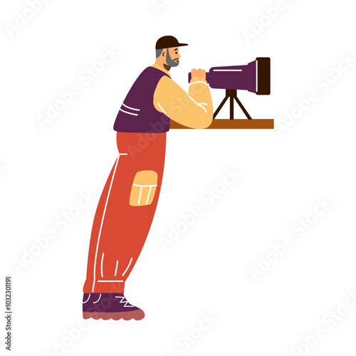 Illustration of a male character using binoculars to observe and study wildlife.