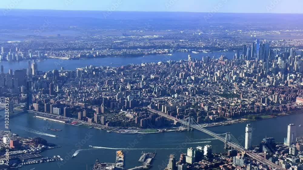 An aerial wide view of the midtown Manhattan skyline as seen from a plane landing at LaGuardia Airport, showcasing skyscrapers, the East River, and the Williamsburg Bridge. Perfect for urban and trave