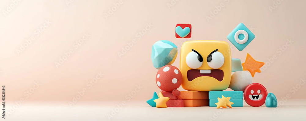 Obraz premium Abstract emoji icons, geometric visual symbols, modern digital style, 3D illustration