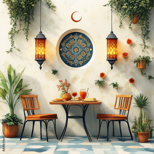 Ramadan iftar dates on wooden table and evening mosque background.