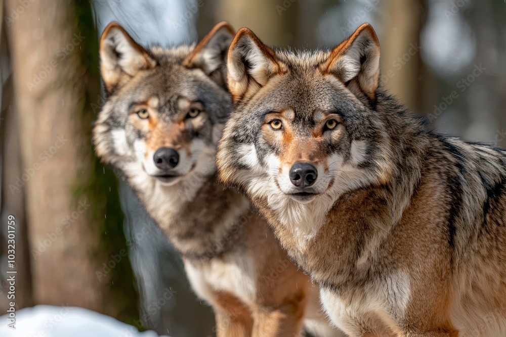 There are two beautiful wolves in this cold and snowy winter landscape There are two beautiful wolves in this cold and snowy winter landscape