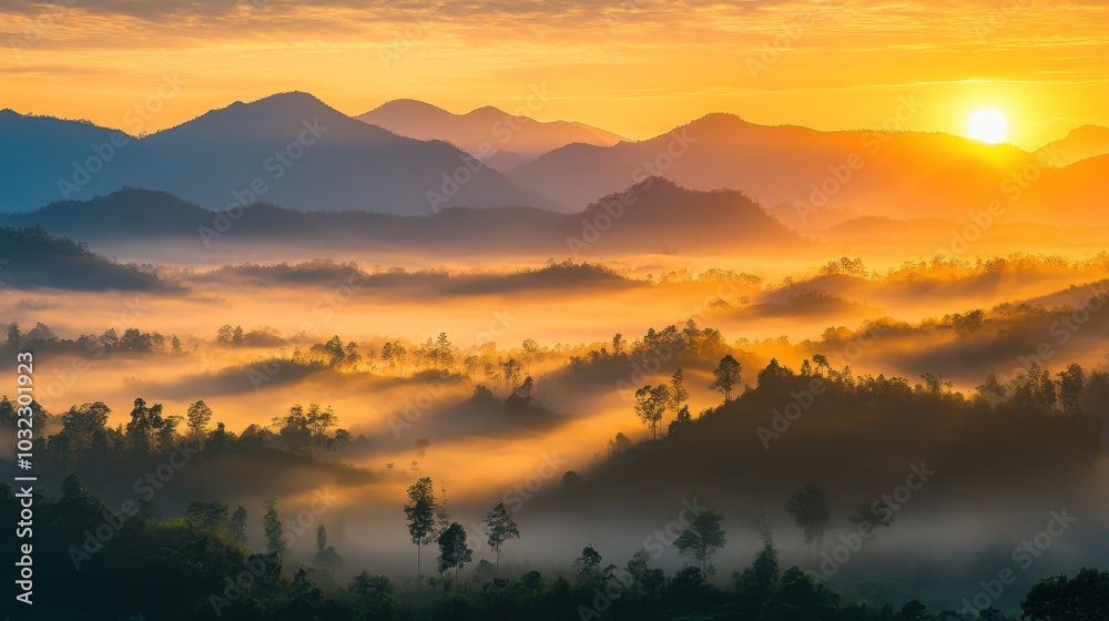 Naklejka premium Detailed shot of mist rising over the mountains of northern Thailand at sunrise.