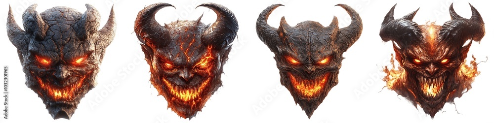 Naklejka premium Demonic faces with red eyes and yellow flames