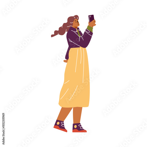 Illustration of a woman holding a phone capturing moments of observing wildlife.