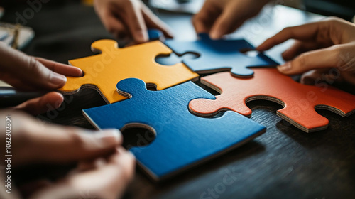 Friends playing jigsaw puzzles at office or college, on a white wooden table. Putting things together and solving problems. Diversity and fun in a friendship.