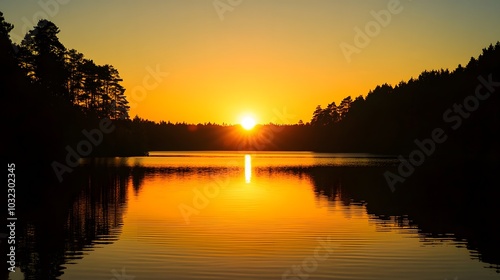 Stunning Sunset Reflection Over Serene Lake Surrounded by Lush Forest Landscape