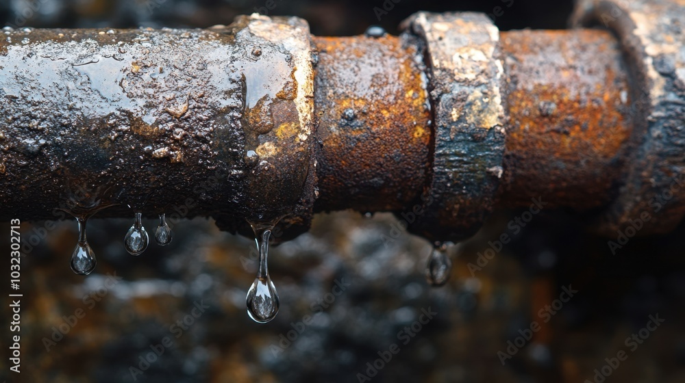 Detailed view of a leaking pipe with water droplets hanging from a crack. Detailed view of a leaking pipe with water droplets hanging from a crack.