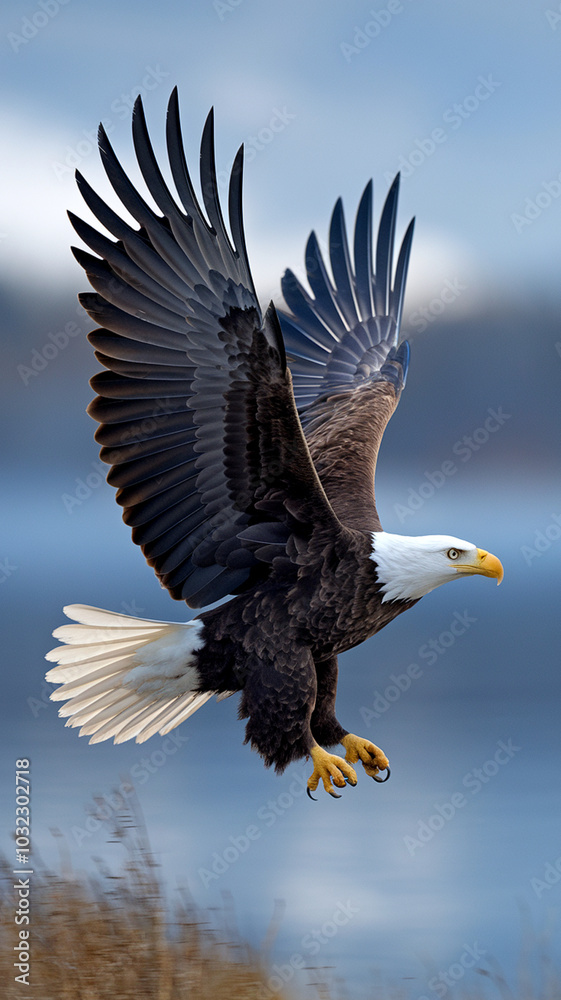Obraz premium Majestic Bald Eagle in Flight - Capturing the Power and Grace of Nature's Apex Predator