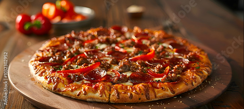 Gourmet pepperoni pizza with spicy Italian sausage and roasted red peppers