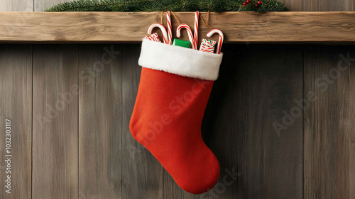 festive red Christmas stocking hangs from wooden shelf, filled with colorful candy canes and small wrapped gifts, evoking warm holiday spirit photo