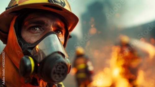 Heroic firefighters in action bravely battling a raging inferno their faces illuminated by the dancing flames determination etched on their features set against a dramatic city skyline at dusk