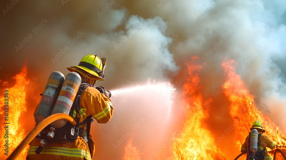 Brave Firefighters Using High Pressure Water Jets to Heroically Extinguish a Raging Fire Battling the Intense Flames and Billowing Smoke to Save Property and Lives Brave Firefighters Using High Pressure Water Jets to Heroically Extinguish a Raging Fire Battling the Intense Flames and Billowing Smoke to Save Property and Lives