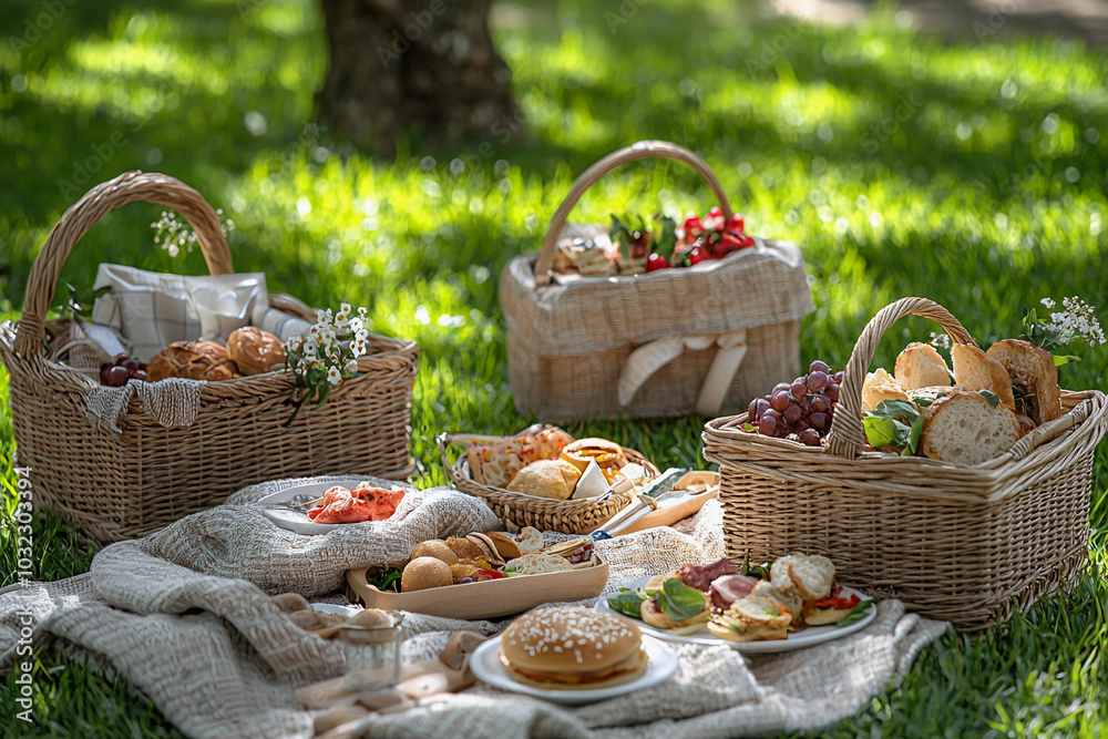 A lovely picnic setup with baskets of food on green grass A lovely picnic setup with baskets of food on green grass